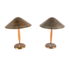 #101 Pair of Table Lamps in Brass and Wood by Harald Notini