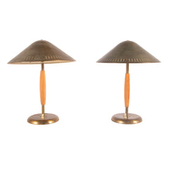 #101 Pair of Table Lamps in Brass and Wood by Harald Notini