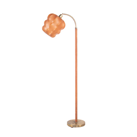 #1338 Brass and Leather Floor Lamp with Resin Shade, Year Appr. 1950