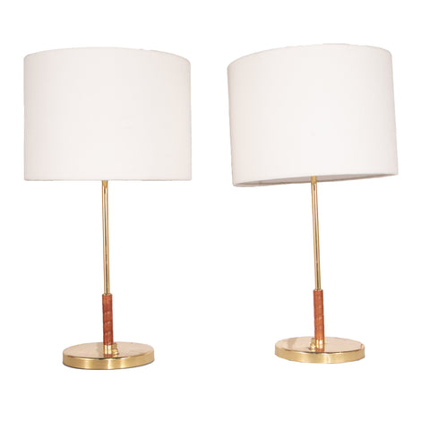 #302 Pair of Brass Table Lamps with Leather, Year Appr. 1960,
