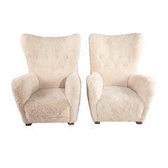 #383 Pair of Wing Chairs in Sheep Skin by Frits Hansen