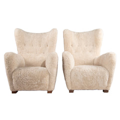 #383 Pair of Wing Chairs in Sheep Skin by Frits Hansen